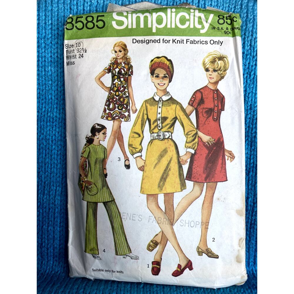 Simplicity 8585 Sewing pattern knit Aline dress bell bottom pants 1960s size 10